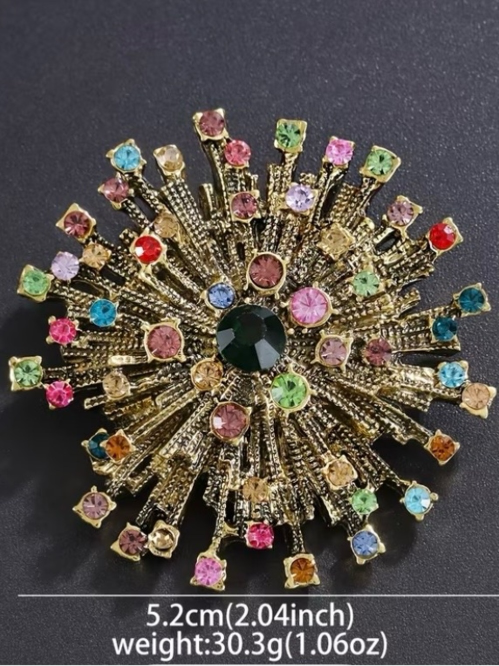 Gold-Tone Multi-Colored Crystal Burst Brooch - Vintage Style - Picture 3 of 8